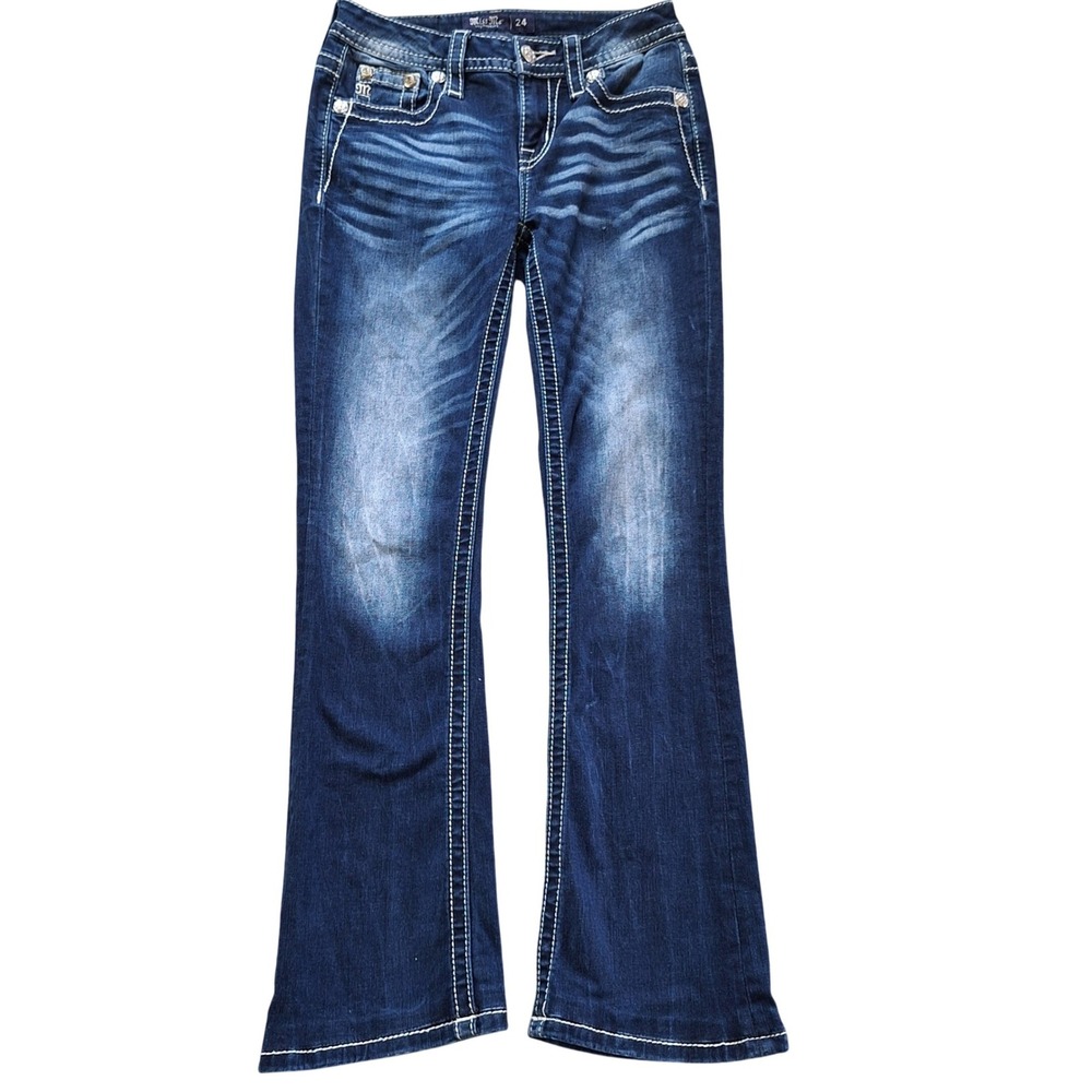 Miss Me Y2K Cross Pocket Bling Gemstone Stretch Bootcut Jeans Dark Wash 24